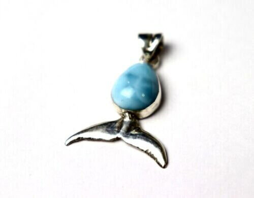 Lovely Natural Sky Blue Larimar .925 Sterling Silver Whale Tail Fin Pendant 38mm – photo 4