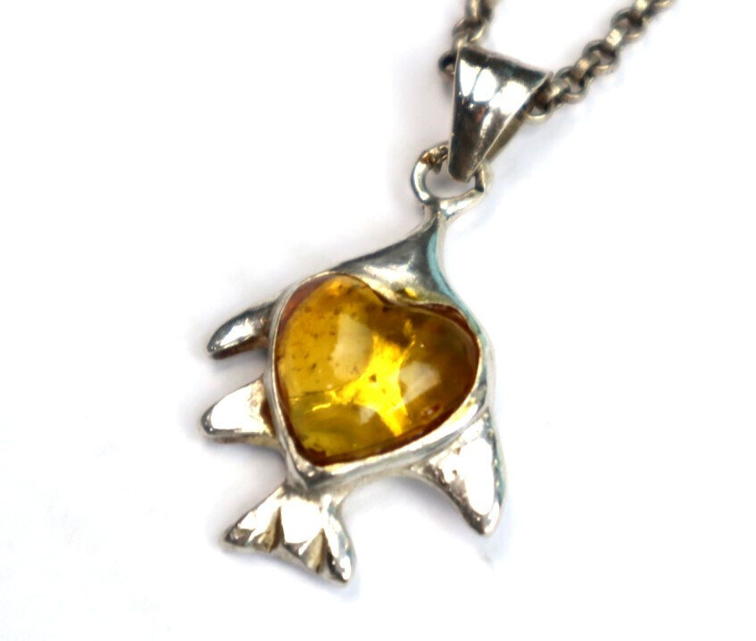 Natural Clear Orange Yellow Amber .925 Sterling Silver Fish Heart Pendant 36mm – photo 5