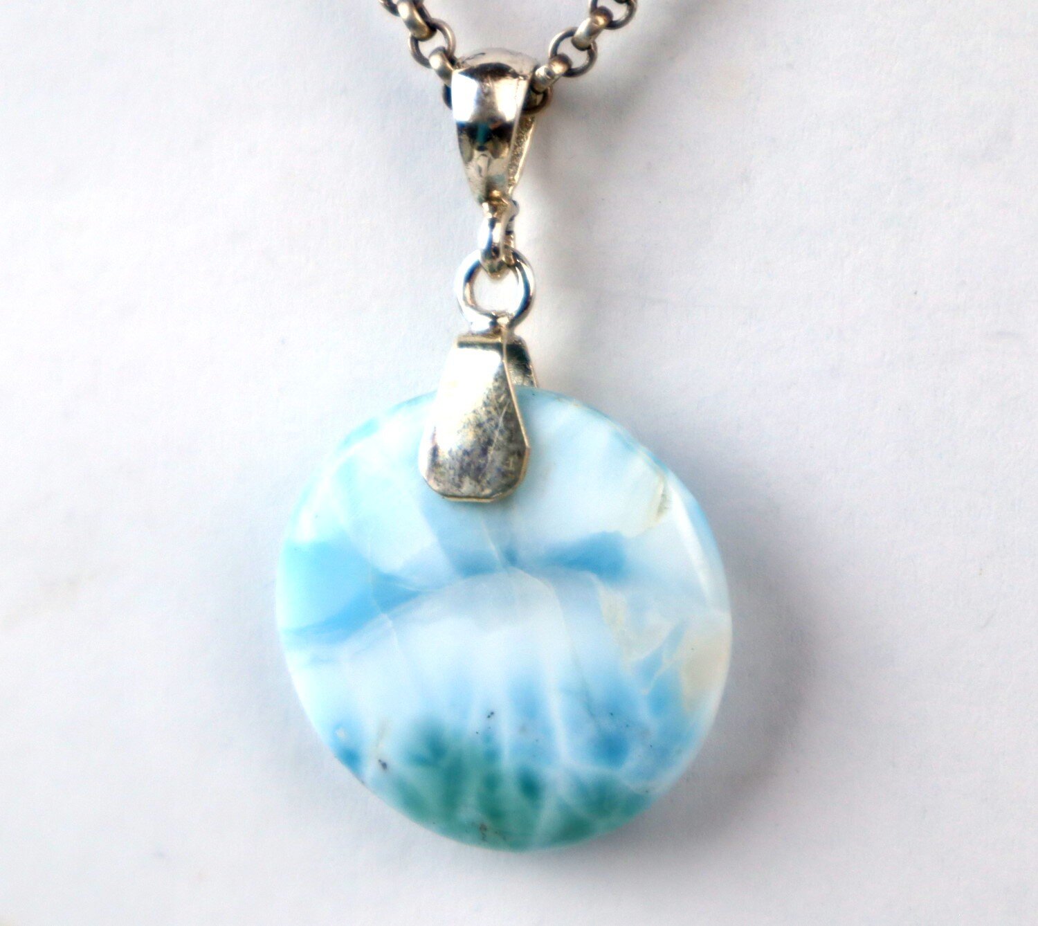 Handcrafted Natural Ocean Blue Larimar 925 Sterling Silver Round Pendant 42mm – photo 4