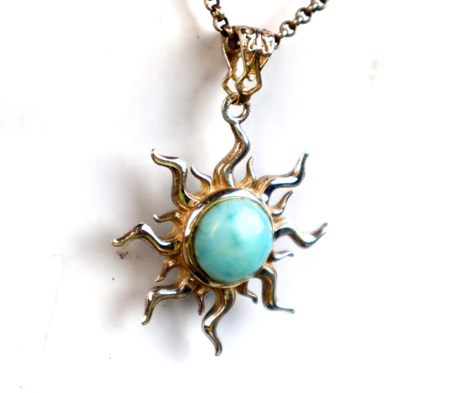 Charming Design Natural Sky Blue Larimar .925 Sterling Silver Sun Pendant 49mm – photo 4