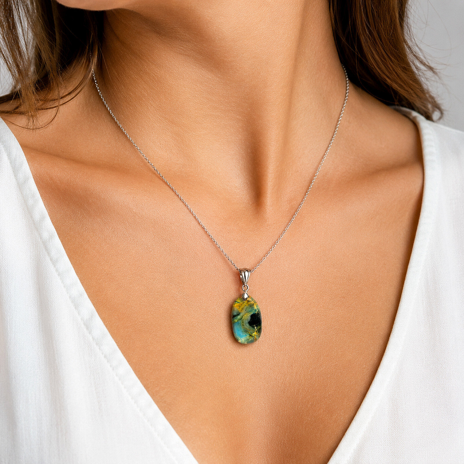 Genuine Beautiful Blue Orange Amber 925 Sterling Silver Pendant 33mm – photo 6