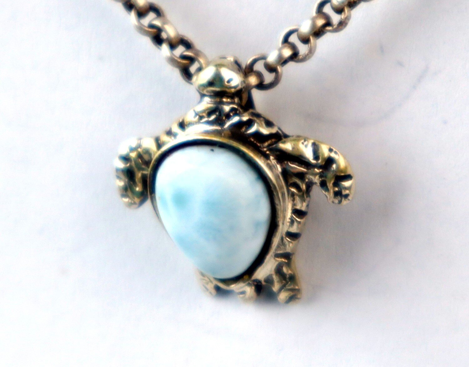 Premium Elegant Light Blue Larimar 925 Sterling Silver Turtle Pendant 19mm – photo 4