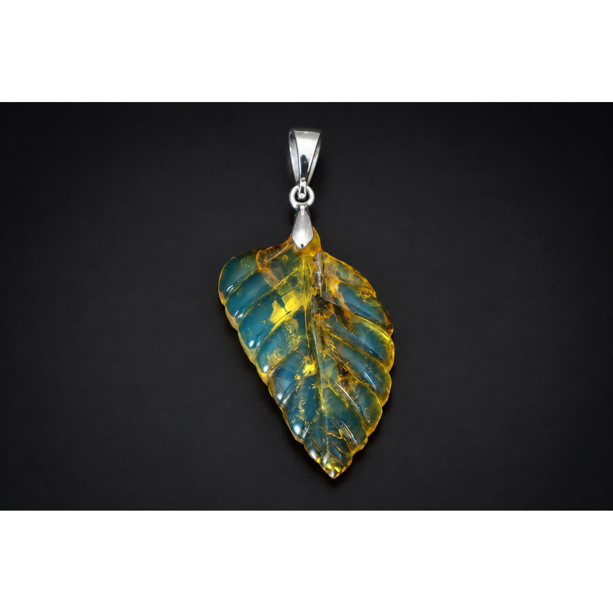 Clear cognac blue Natural Dominican Amber leaf 925 Sterling Silver Pendant 43 mm – photo 2