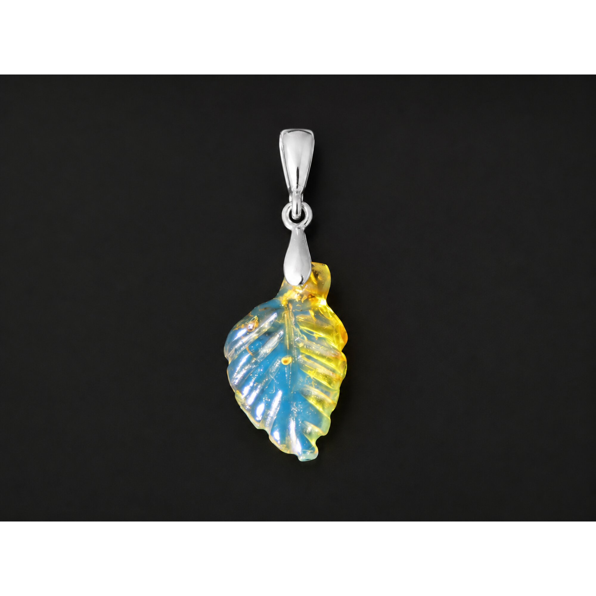 Clear sky blue Natural Dominican Amber leaf 925 Sterling Silver Pendant 36 mm