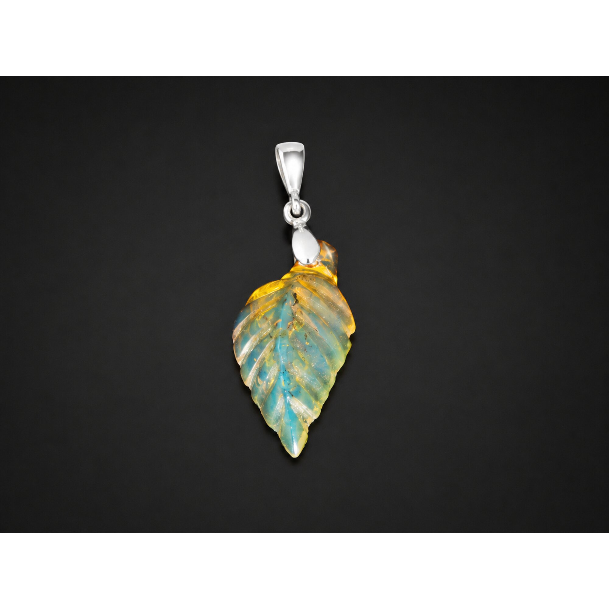 Clear sky blue Natural Dominican Amber leaf 925 Sterling Silver Pendant 33 mm – photo 3