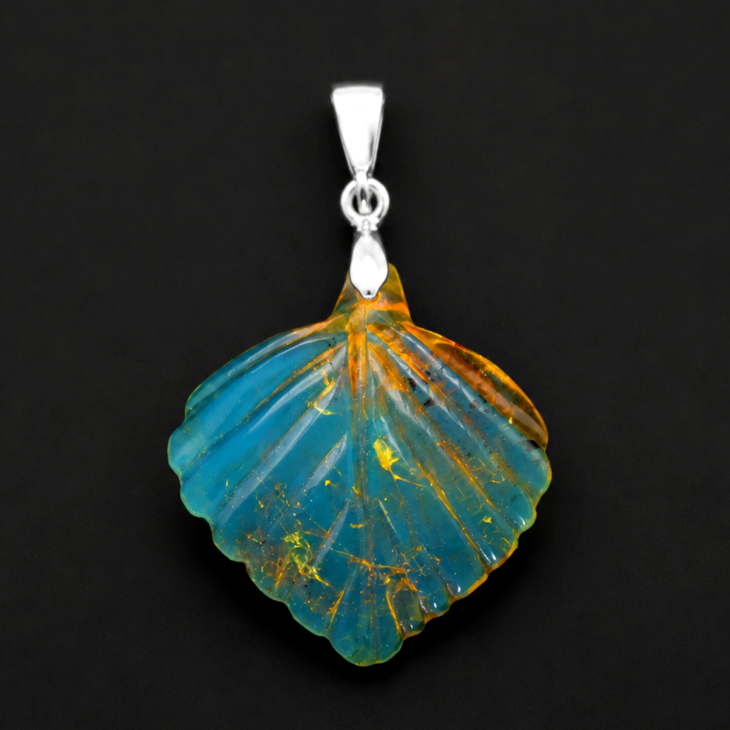 Clear volcanic blue Natural Dominican Amber leaf 925 Sterling Pendant 41 mm