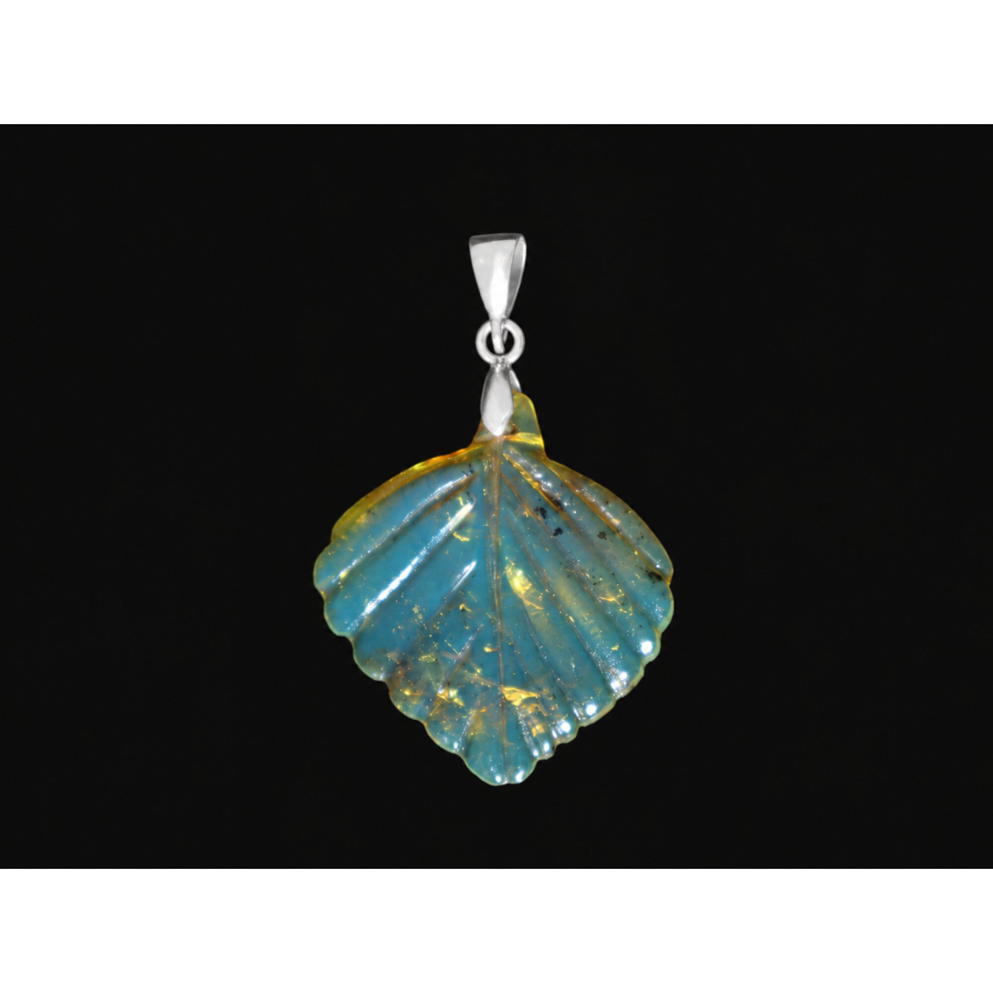 Clear volcanic blue Natural Dominican Amber leaf 925 Sterling Pendant 41 mm – photo 3