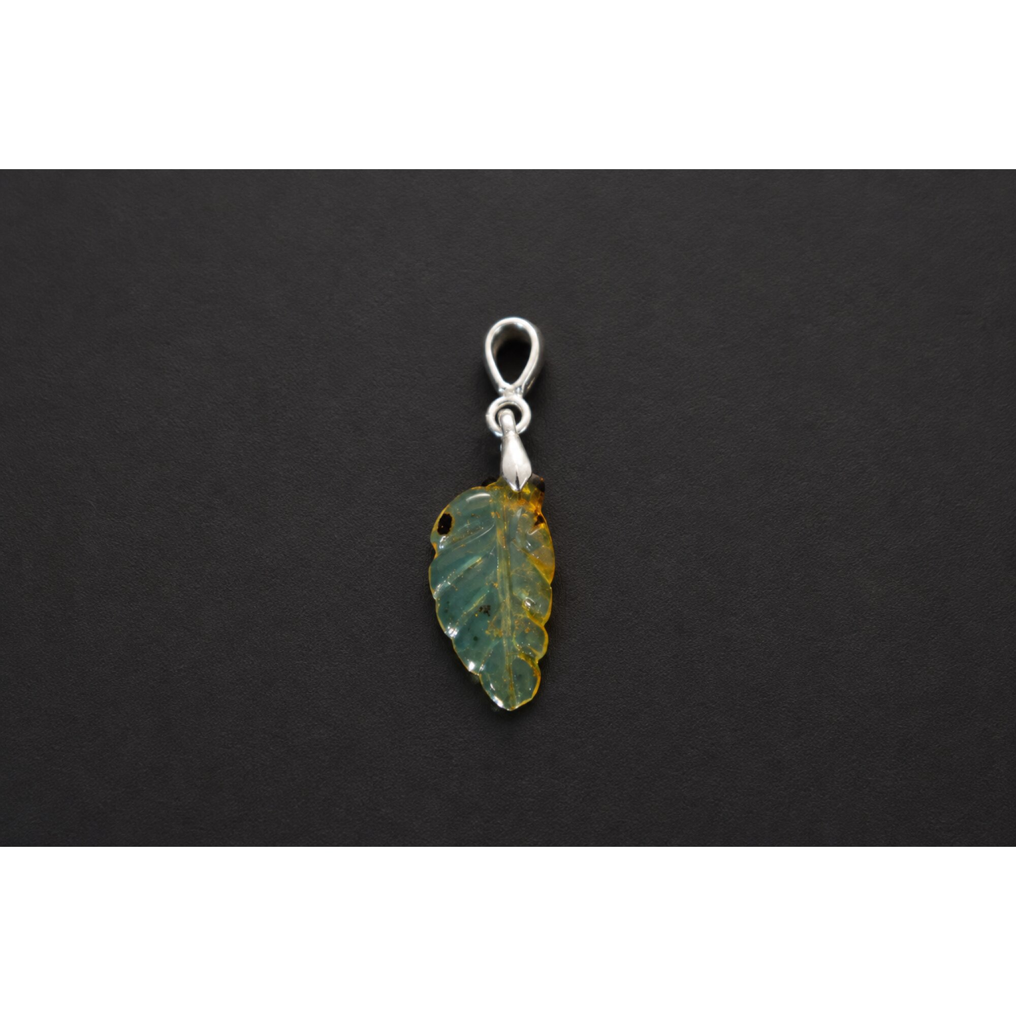Clear sky blue Natural Dominican Amber leaf 925 Sterling Silver Pendant 34 mm – photo 3