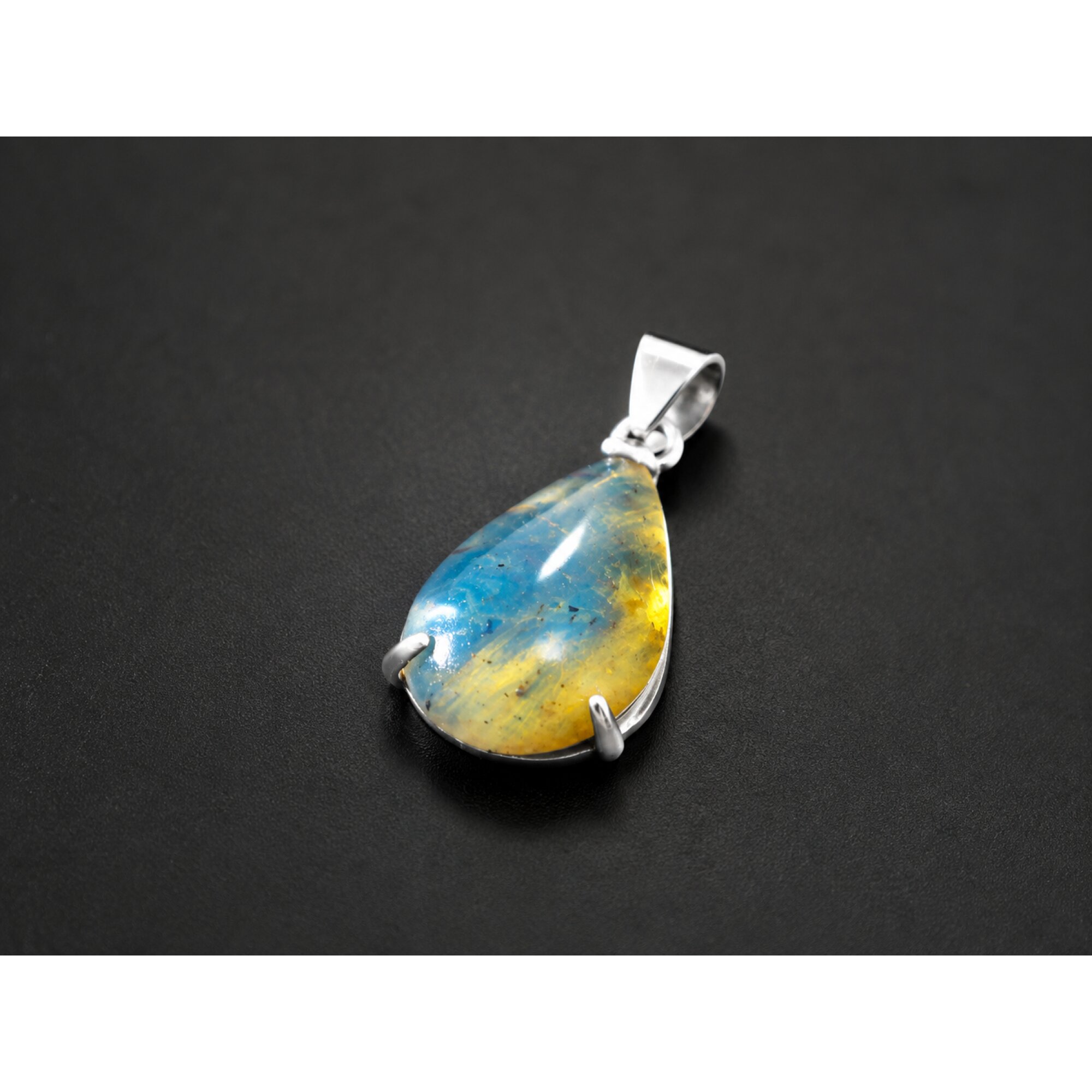 Clear yellow blue Natural Dominican Amber teardrop 925 Sterling Pendant 28 mm – photo 3
