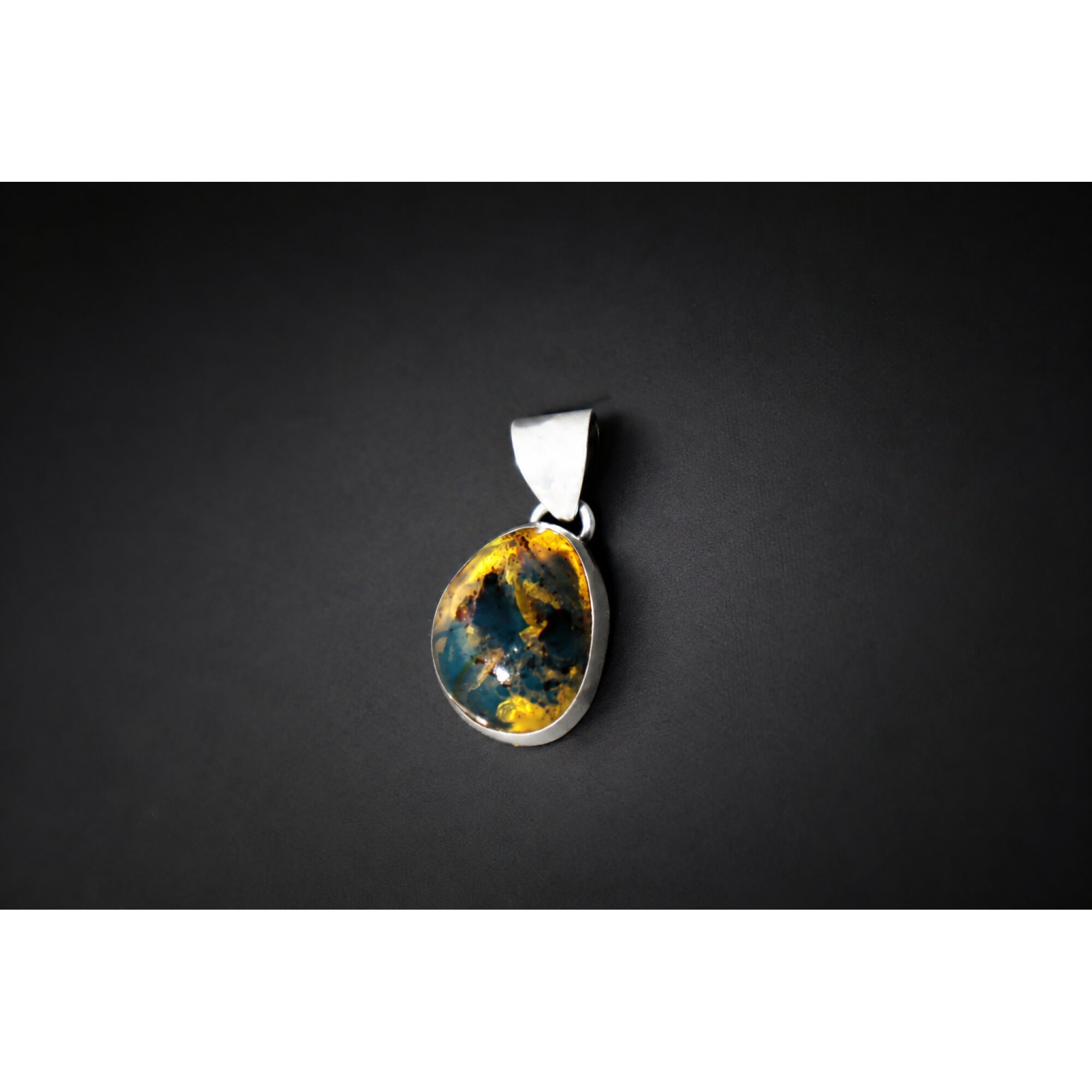 Translucent deep blue Natural Dominican Amber oval 925 Sterling Pendant 24 mm – photo 3