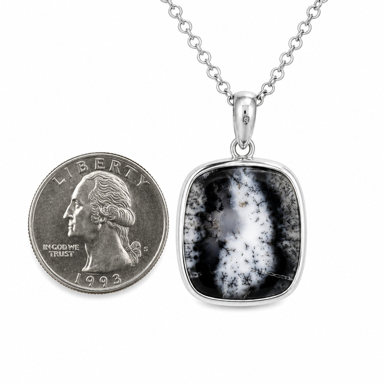 Beautiful Exquisite Black White Dendritic 925 Sterling Silver Cushion Pendant – photo 3