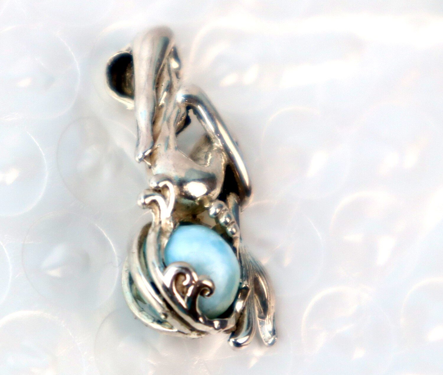 Rare Quality Light Blue Larimar 925 Sterling Silver Mermaid Pendant 27mm – photo 4