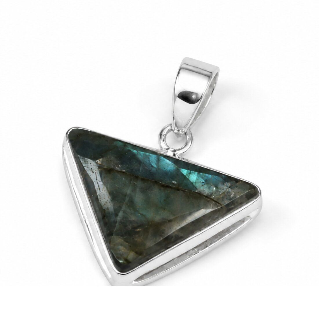 Clear green violet Labradorite triangle 925 Sterling Silver Pendant 38 mm