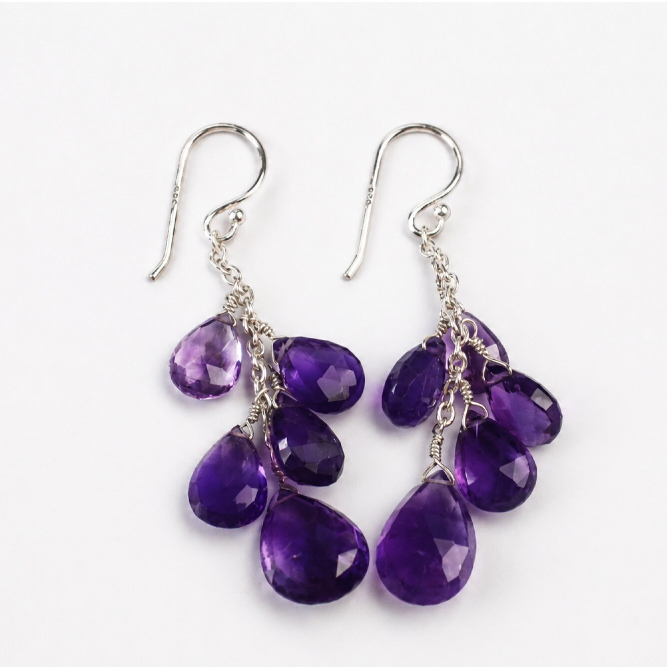 Clear purple Amethyst faceted pear 925 Sterling Silver Earrings 62 mm
