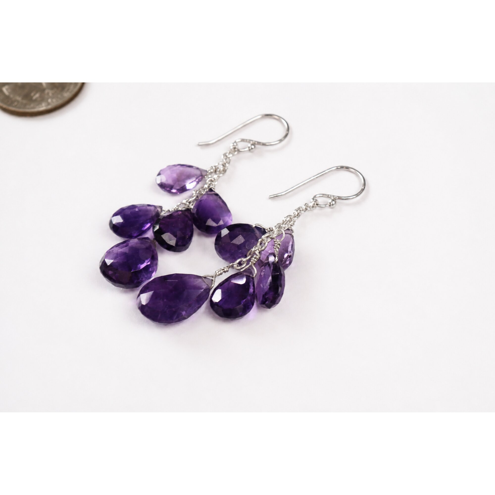 Clear purple Amethyst faceted pear 925 Sterling Silver Earrings 62 mm – photo 4