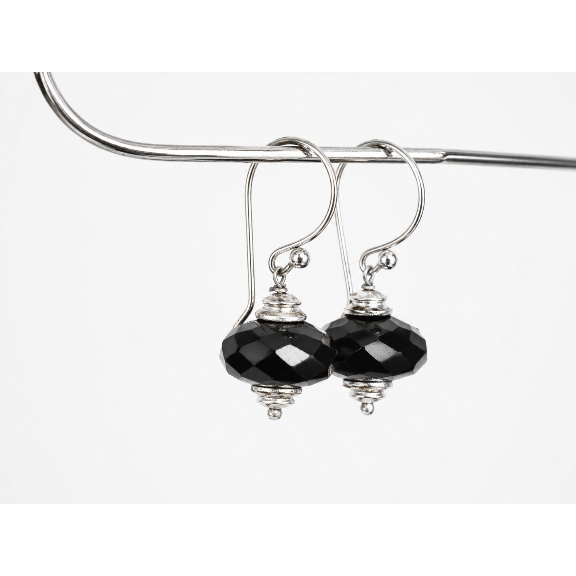 Clear black spinel Faceted Rondelle 925 Sterling Silver Earrings 30 mm – photo 3