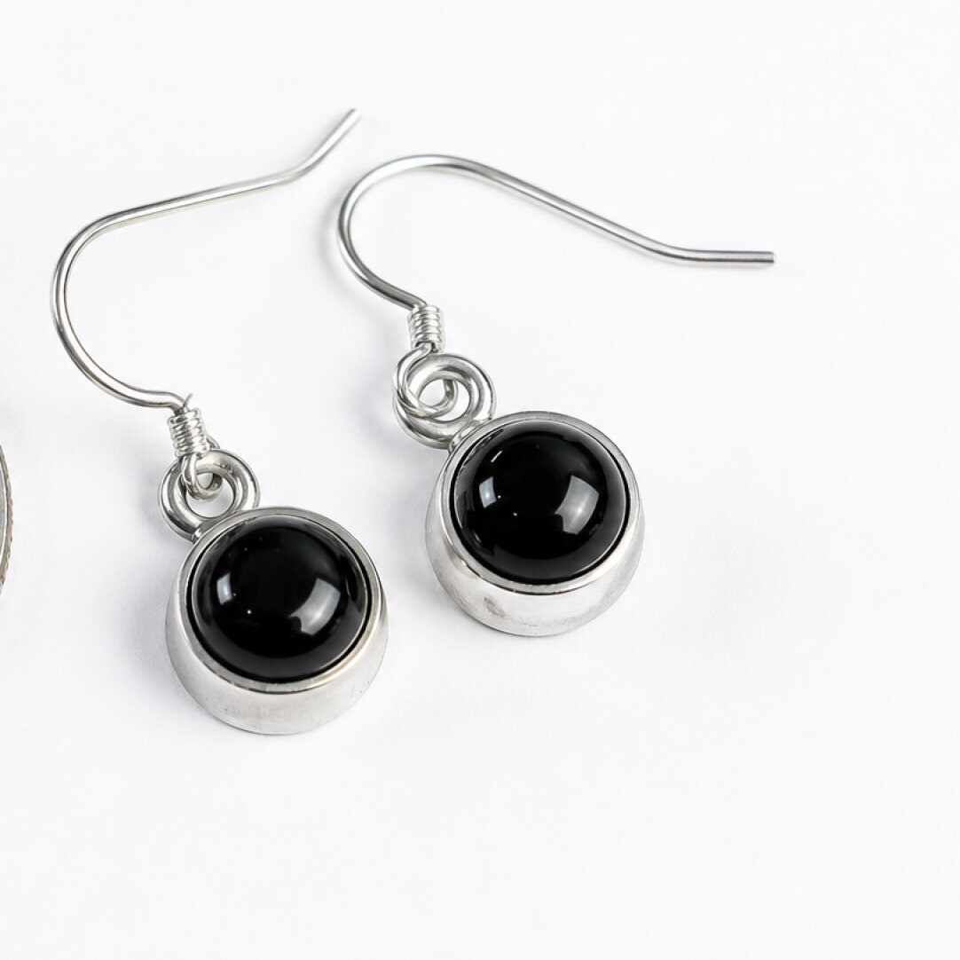 Clear black onyx round 925 Sterling Silver Earrings 24 mm