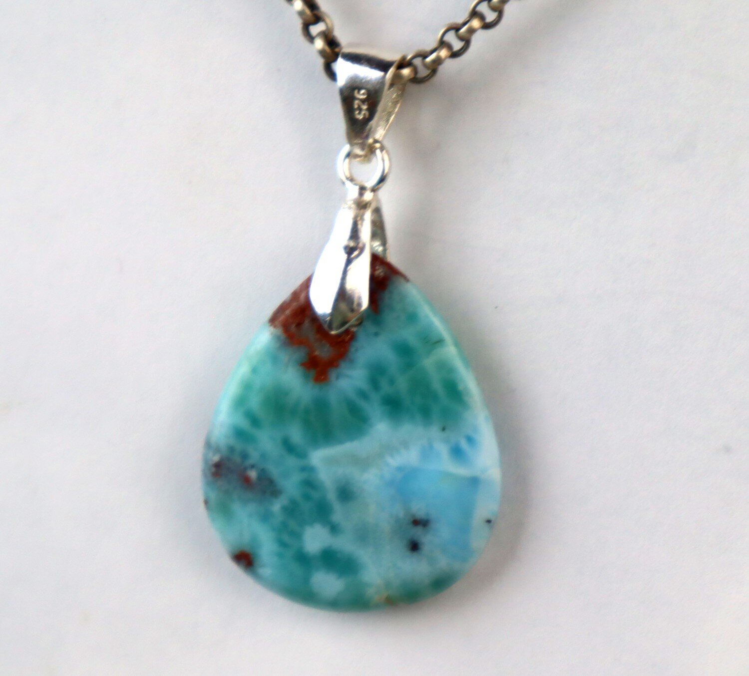 Charming Design Natural Ocean Blue Larimar .925 Sterling Silver Pendant 42mm – photo 5