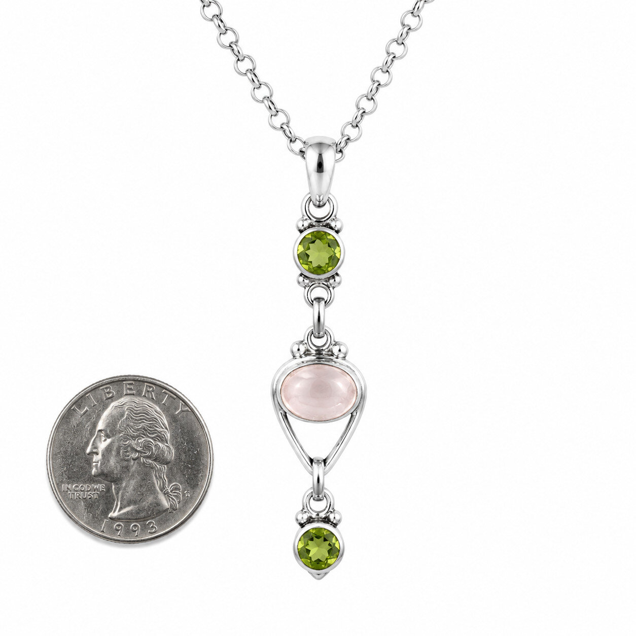 Premium Elegant Pink Green Rose Quartz & Peridot 925 Sterling Silver Oval 48mm – photo 3
