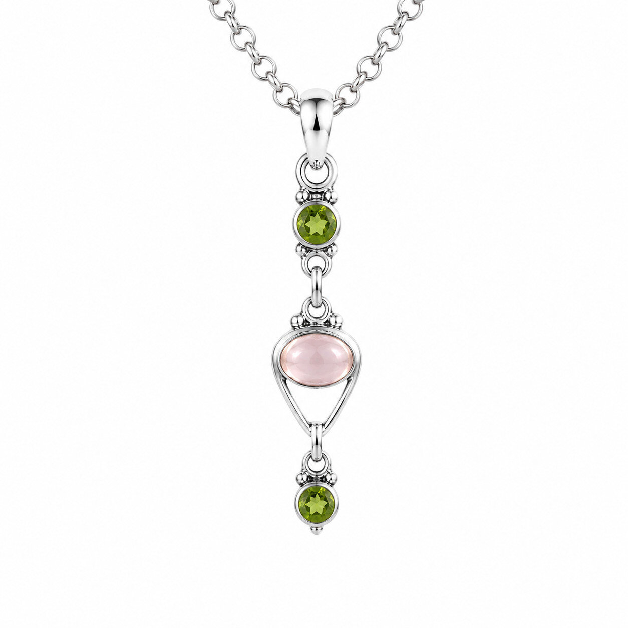 Premium Elegant Pink Green Rose Quartz & Peridot 925 Sterling Silver Oval 48mm – photo 4