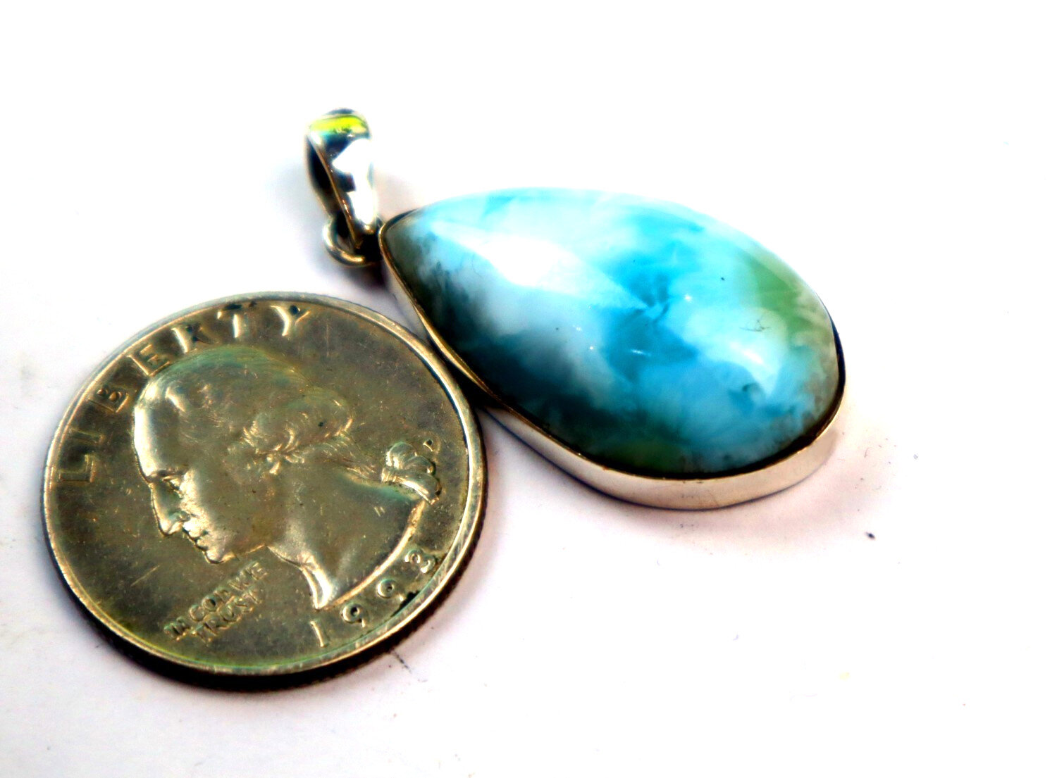 Charming Design Natural Green Blue Larimar .925 Sterling Silver Pendant 38mm – photo 6