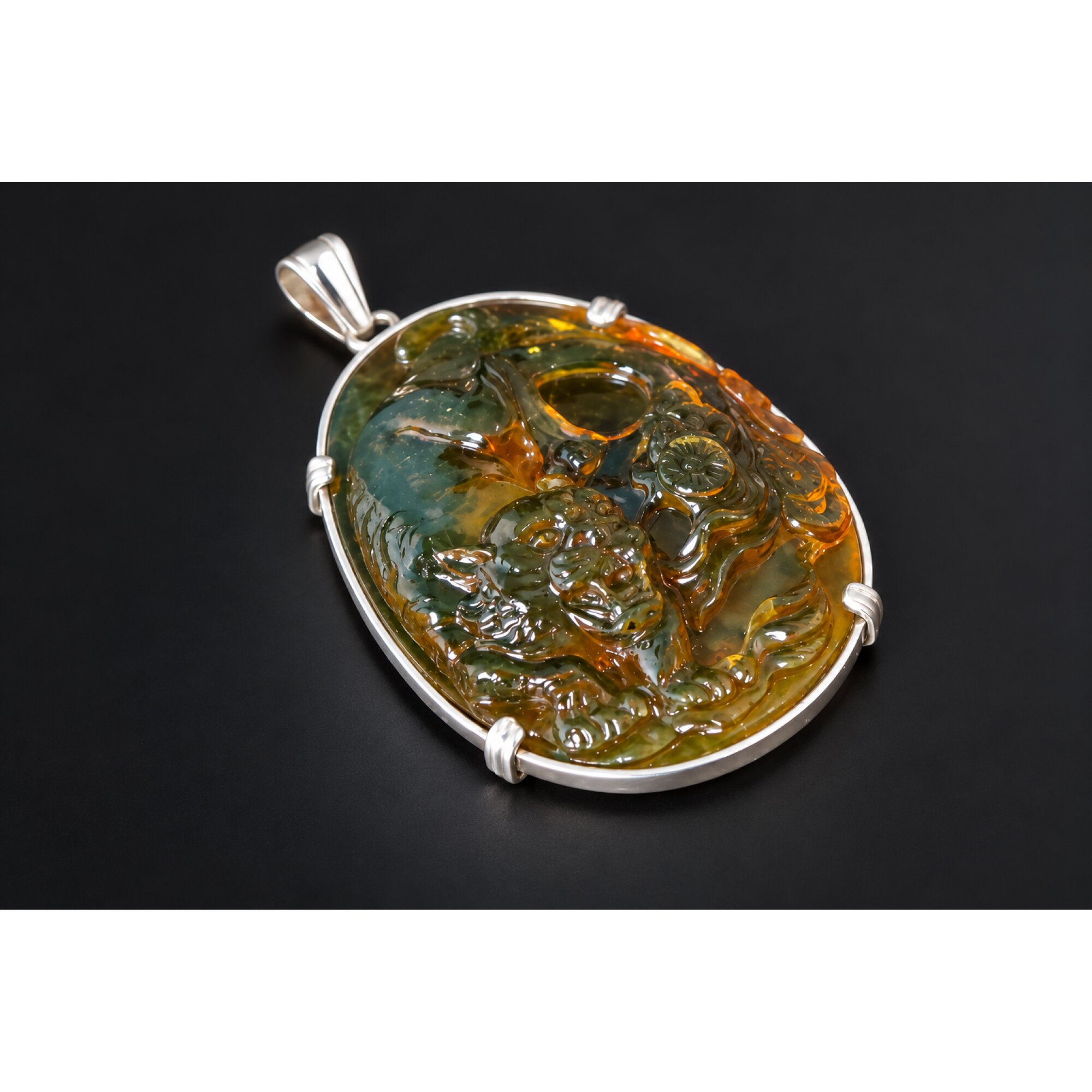 Hand Carved Tiger Dominican Green Amber Sterling Silver Pendant 64mm – photo 6