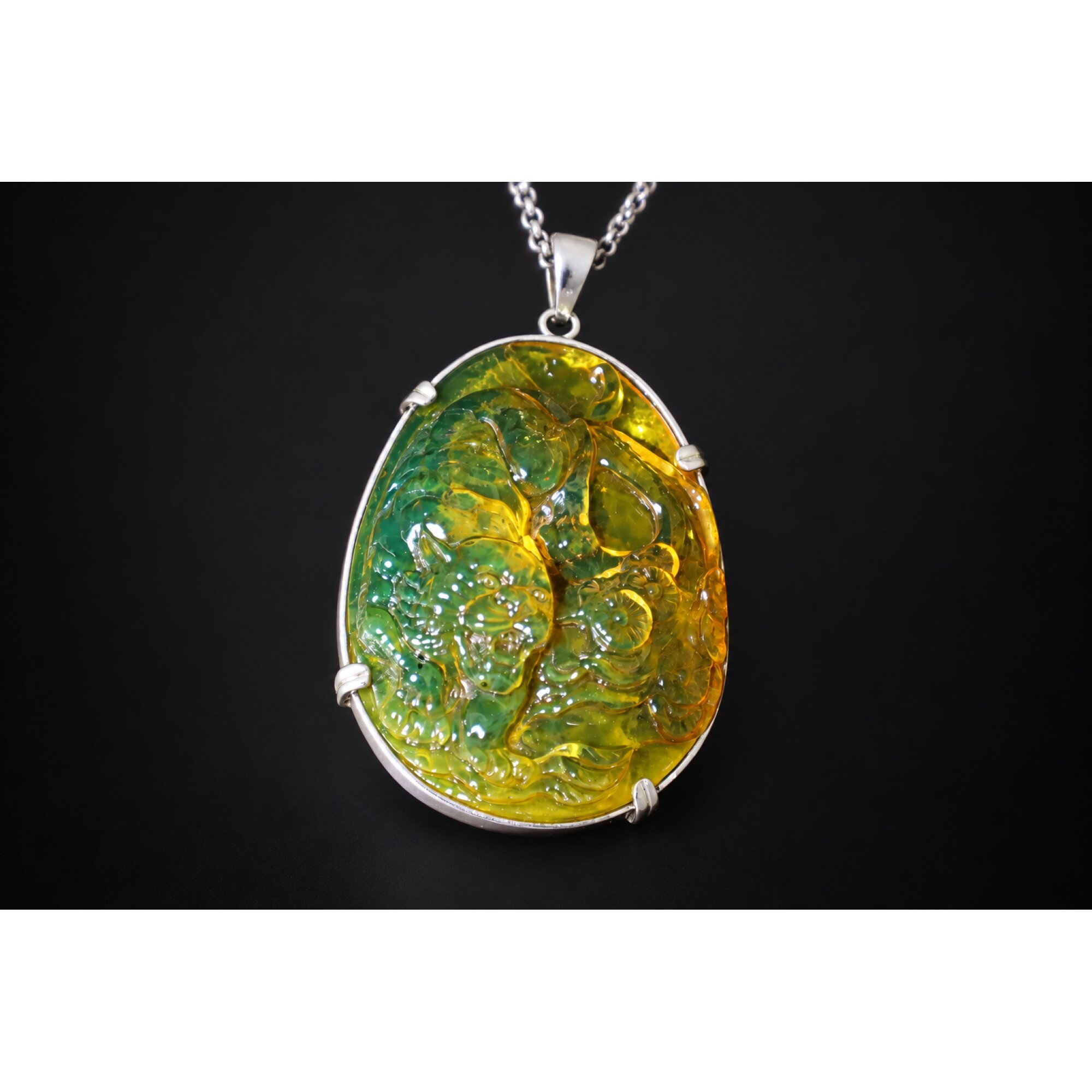 Hand Carved Tiger Dominican Green Amber Sterling Silver Pendant 64mm – photo 9