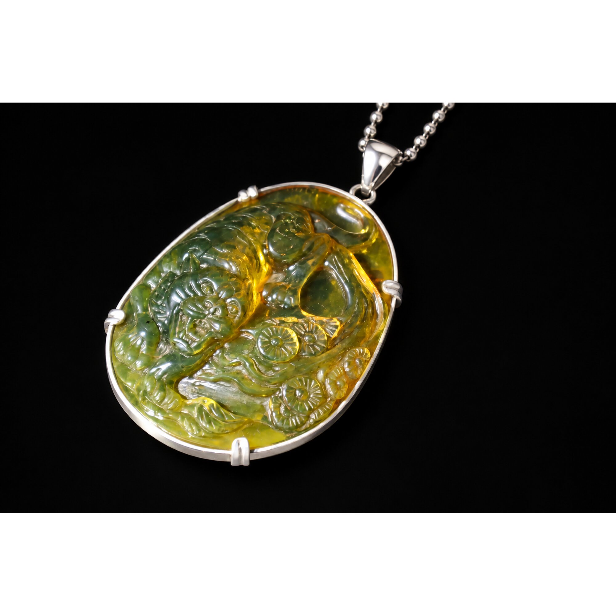 Hand Carved Tiger Dominican Green Amber Sterling Silver Pendant 64mm – photo 15
