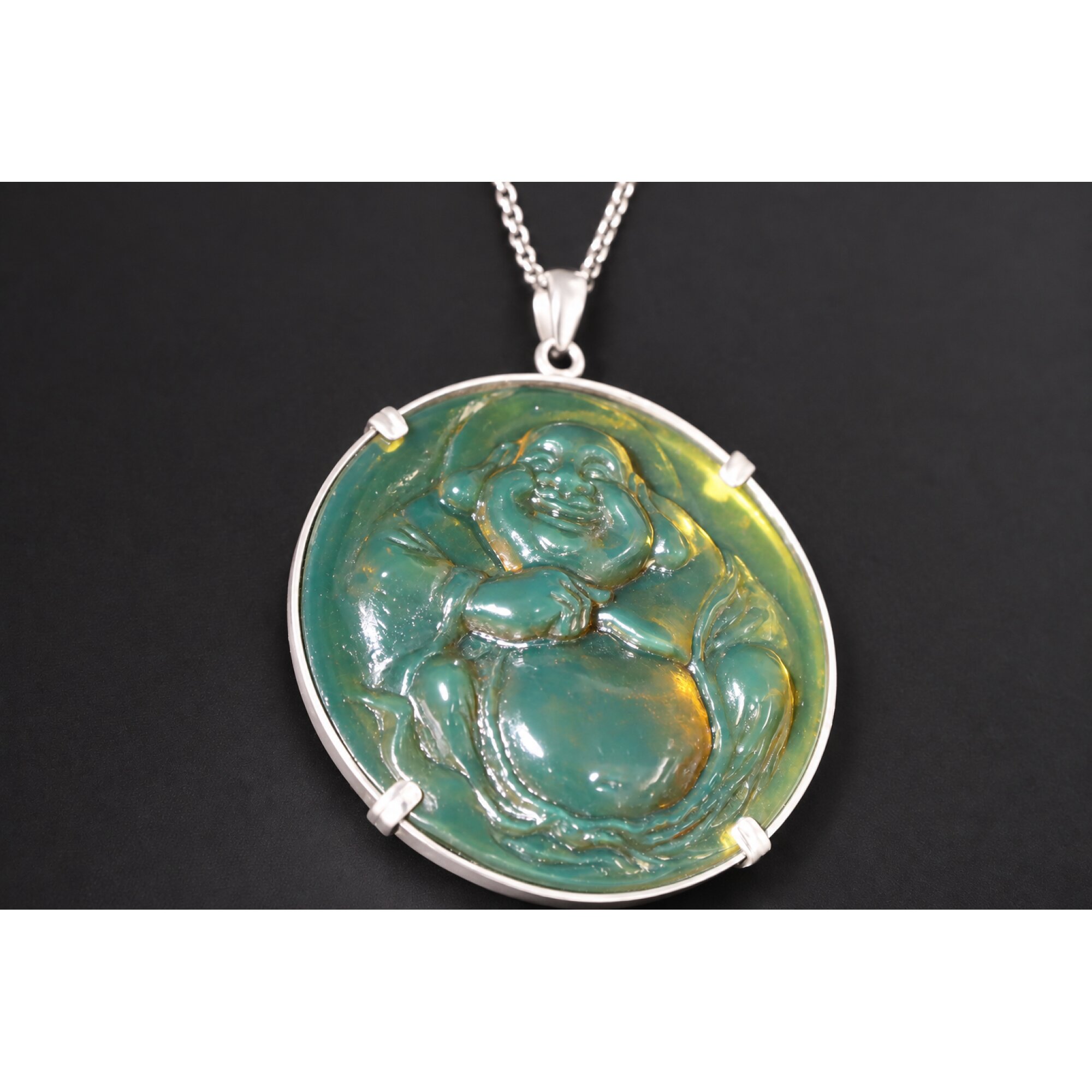 Expertly hand carved cognac green Dominican amber sterling silver pendant 63mm – photo 10