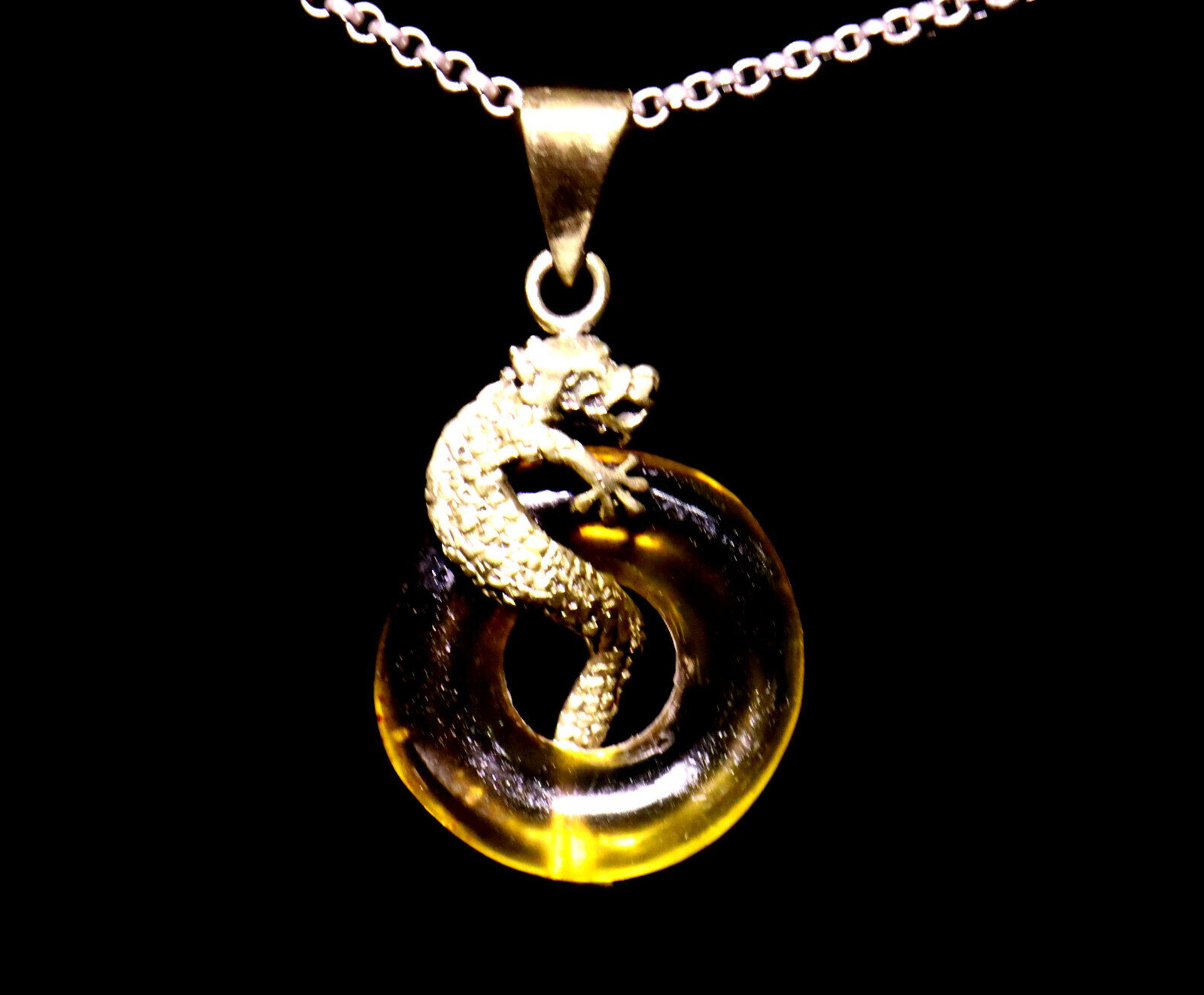Exquisite 2 inch Natural Clear Yellow Orange Amber Doughnut Dragon Pendant – photo 4