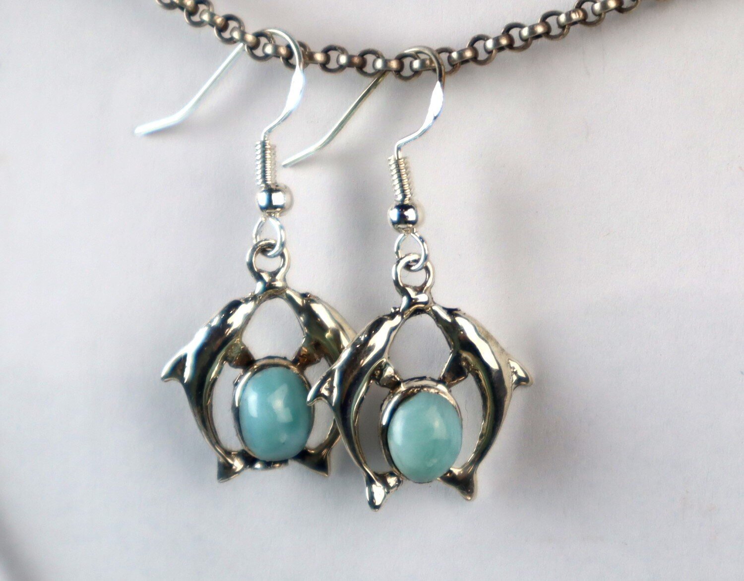 Beautiful Natural Light Blue Larimar .925 Sterling Silver Dolphin Earrings – photo 5