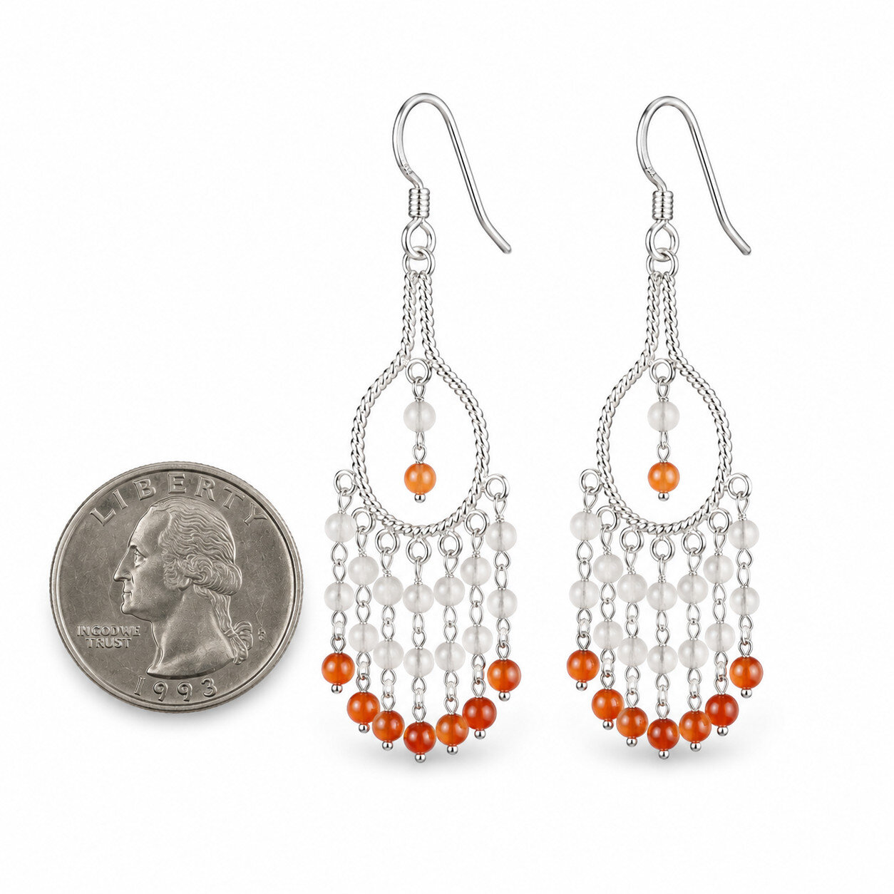 Elegant White Orange Moonstone & Carnelian 925 Sterling Silver Earrings 3 inch – photo 3