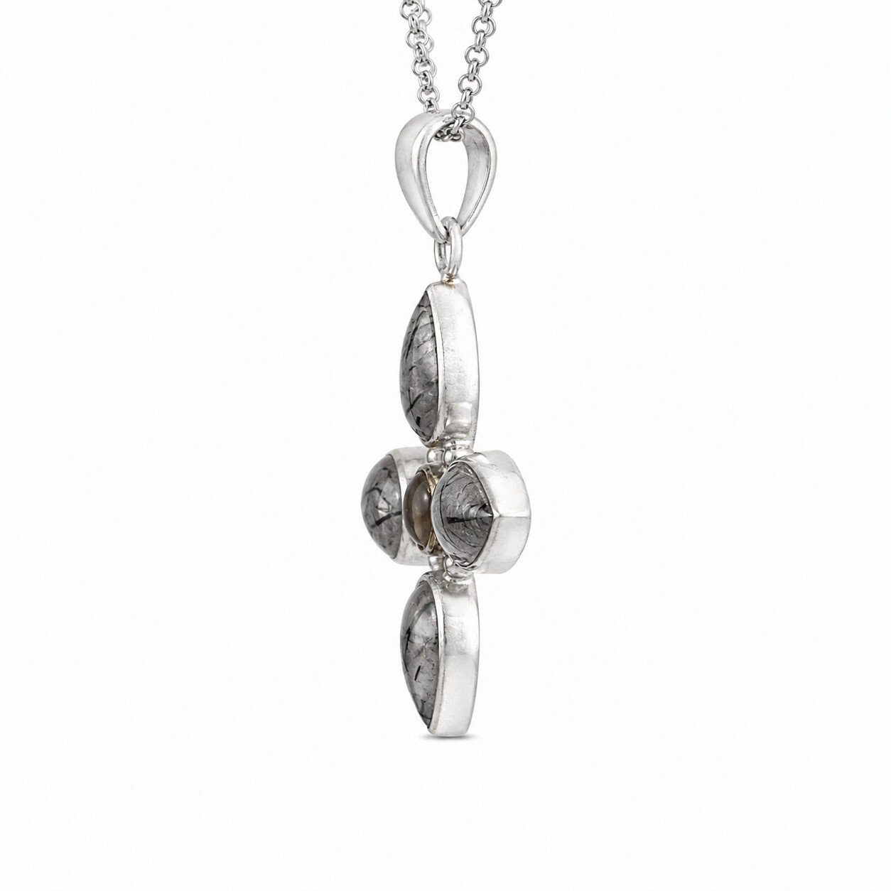 Elegant Fine White Black Tourmalinated Quartz 925 Sterling Silver Cross Pendant – photo 3