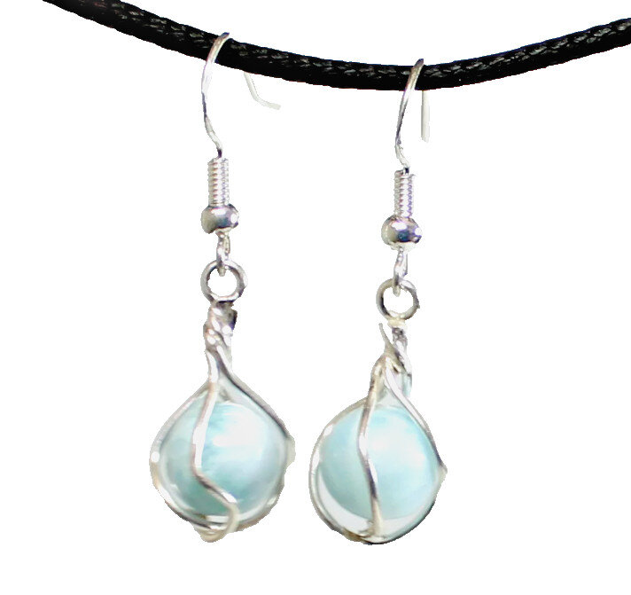 Beautiful Larimar 925 Sterling Silver Dangle Round Bead in Cage Earrings 1.4inch – photo 4