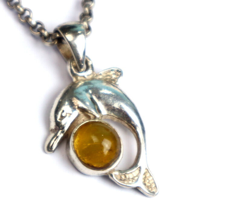 Beautiful Natural Orange Yellow Amber .925 Sterling Silver Dolphin Pendant 33mm – photo 4