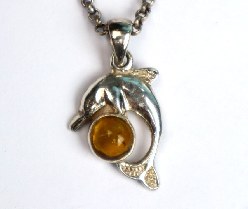 Beautiful Natural Orange Yellow Amber .925 Sterling Silver Dolphin Pendant 33mm – photo 8