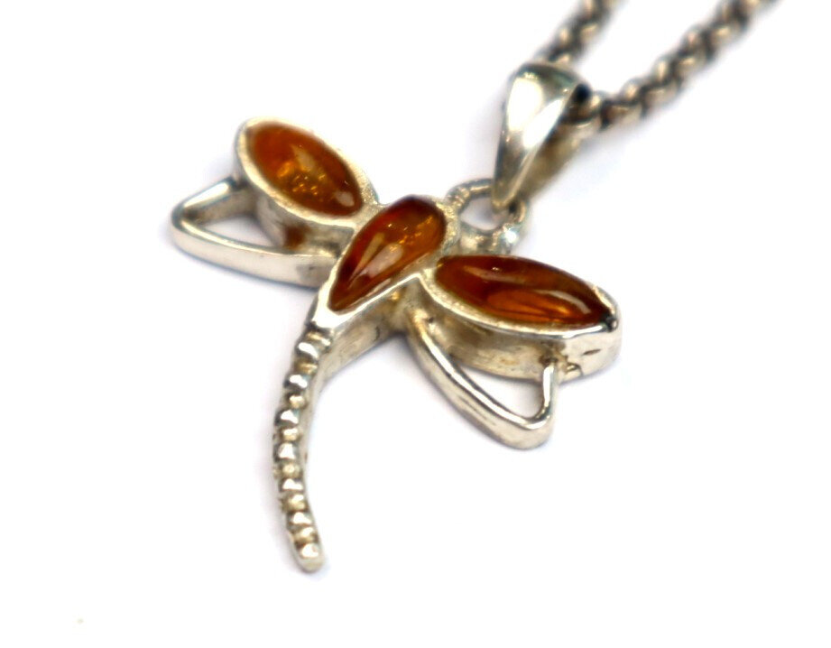 Natural Clear Yellow Orange Amber .925 Sterling Silver Dragonfly Pendant 34mm – photo 5