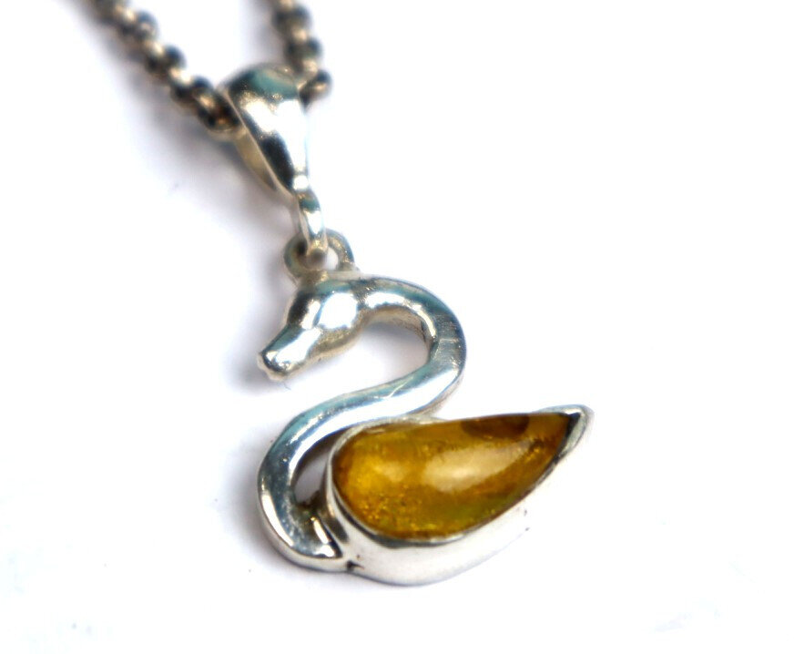 Lovely Natural Clear Yellow Orange Amber .925 Sterling Silver Swan Pendant 32mm – photo 3
