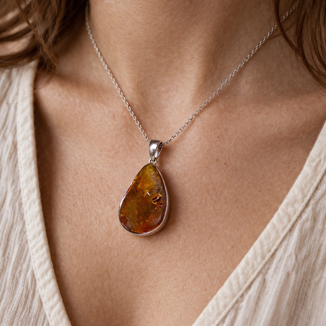 Beautiful Natural Translucent Green Brown Amber .925 Sterling Silver Pendant