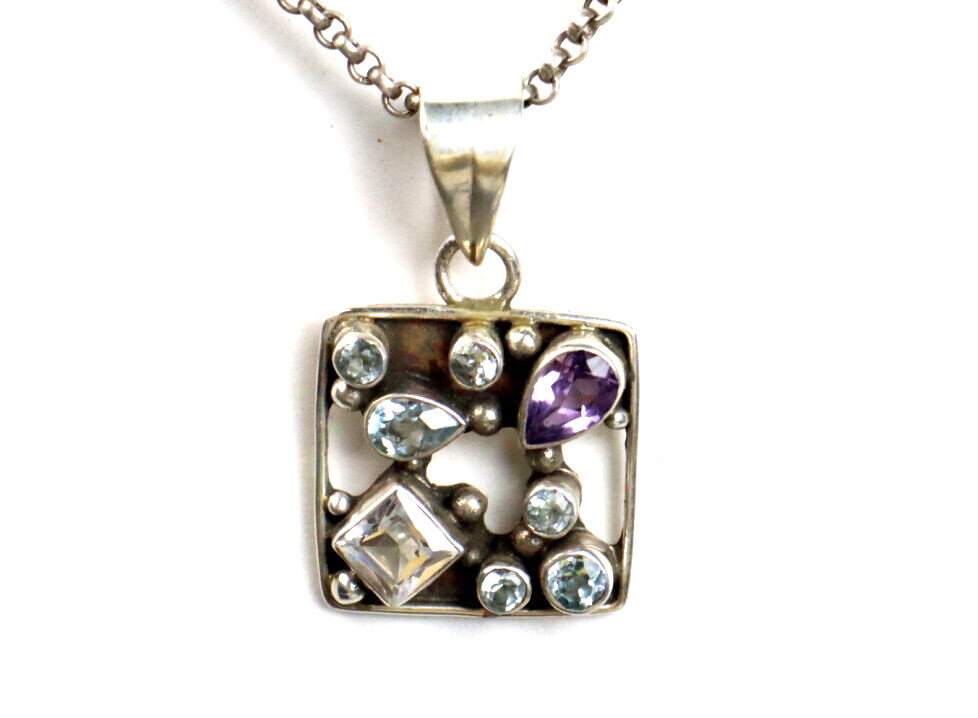 Vintage Natural Amethyst Aquamarine Zirconia 925 Sterling Silver Pendant 36mm