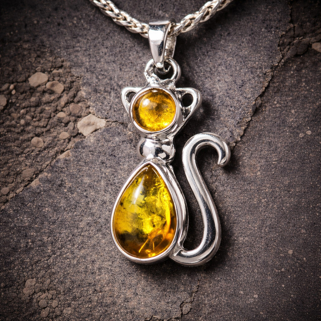 Impressive Natural Clear Light Green Amber .925 Sterling Silver Cat Pendant 32mm – photo 5