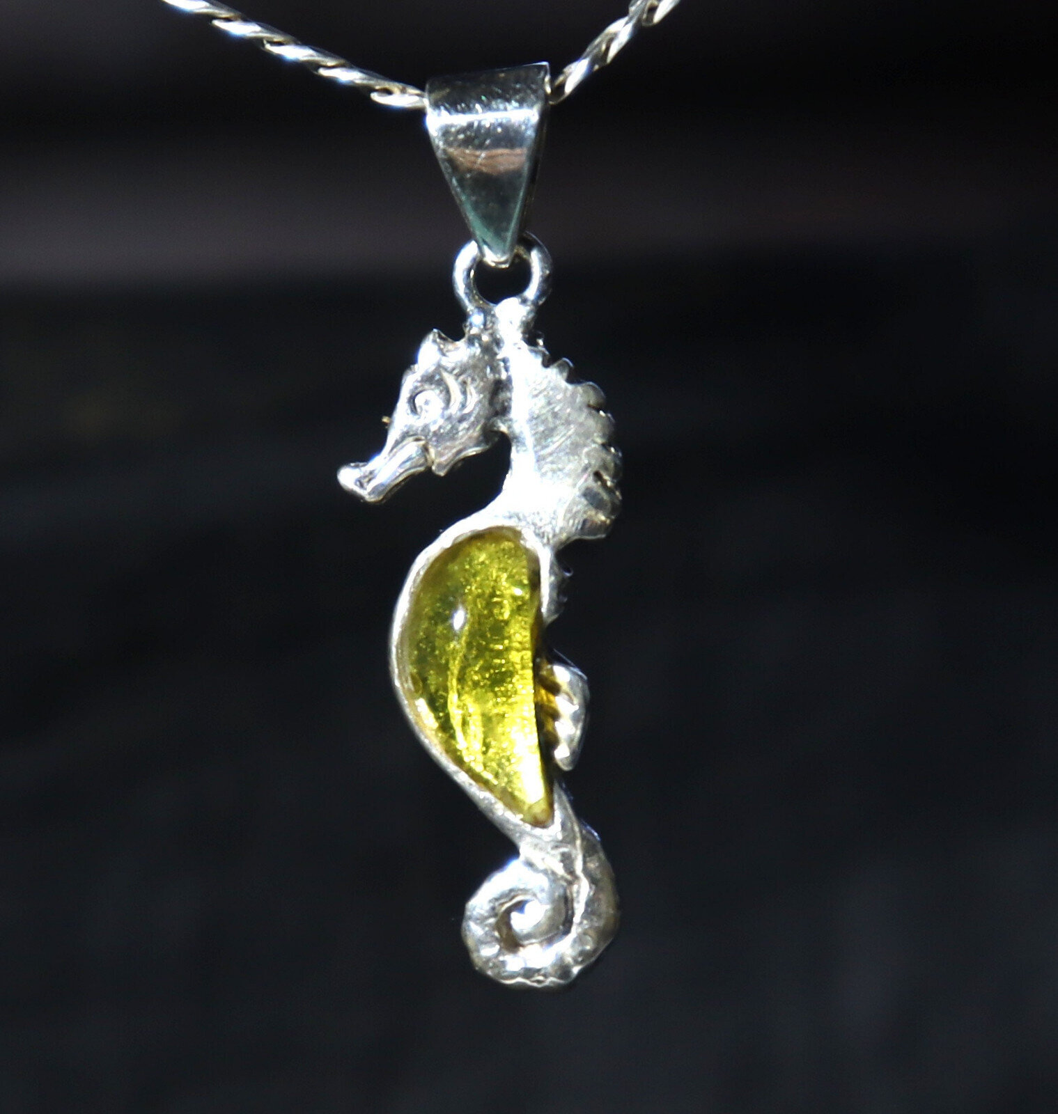 Natural Clear Light Green Amber .925 Sterling Silver Seahorse Pendant 1.7 inch