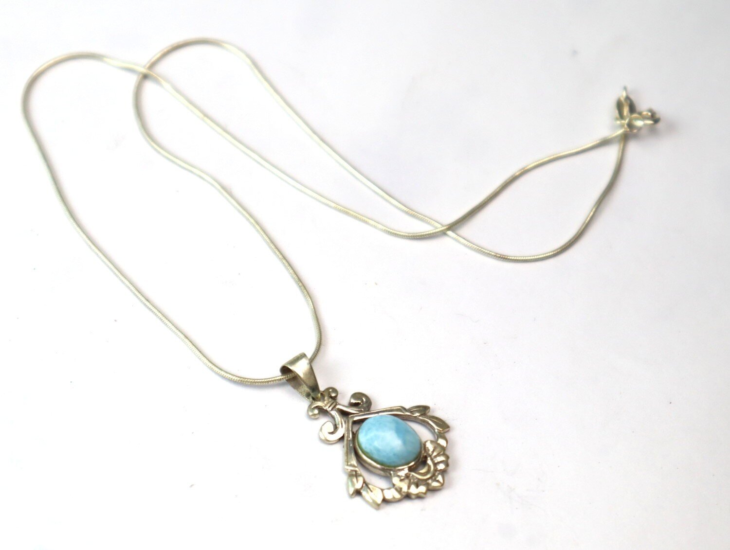 Charming Design Natural Sky Blue Larimar .925 Sterling Silver Necklace 17inch – photo 3