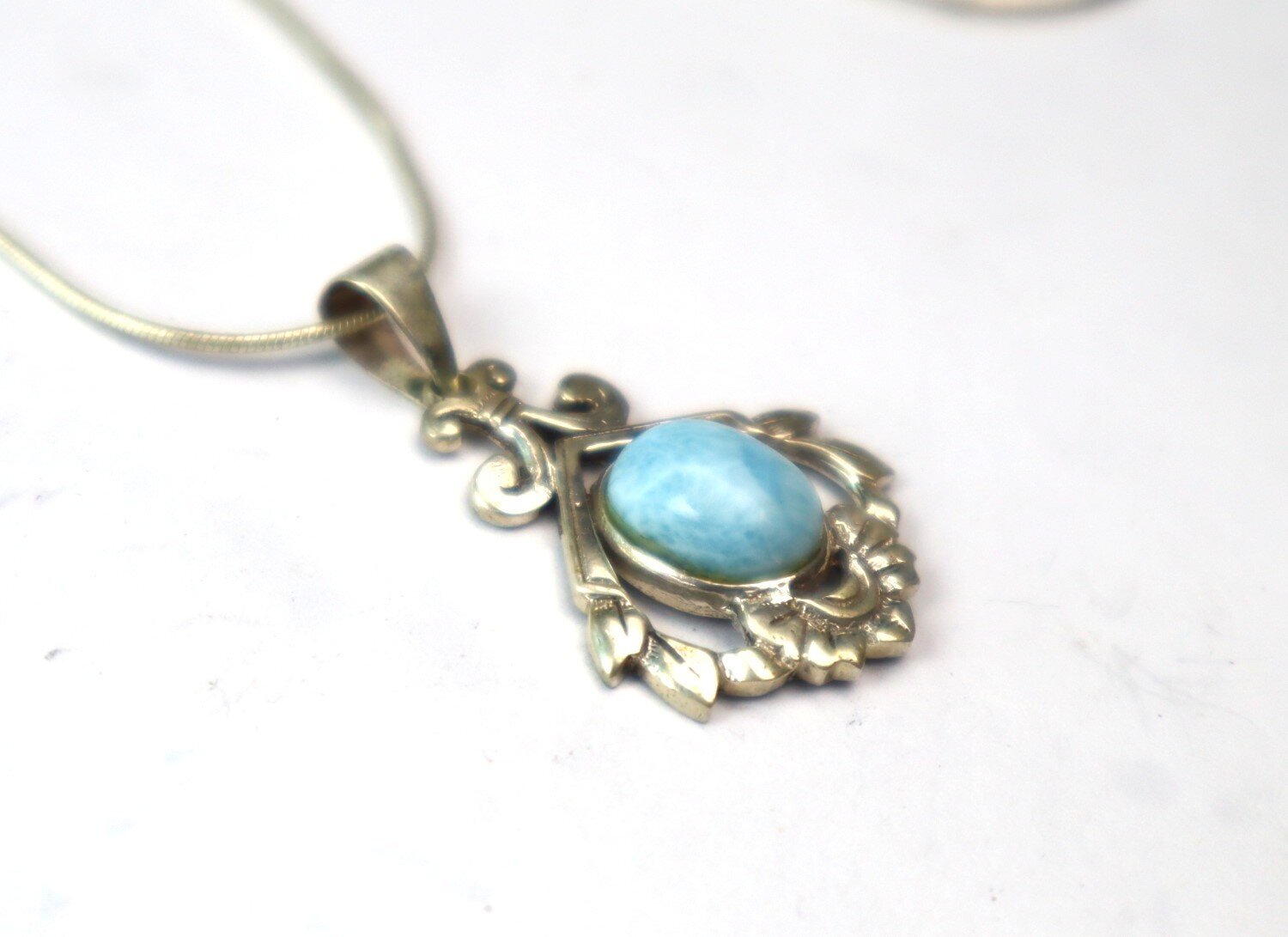 Charming Design Natural Sky Blue Larimar .925 Sterling Silver Necklace 17inch – photo 5