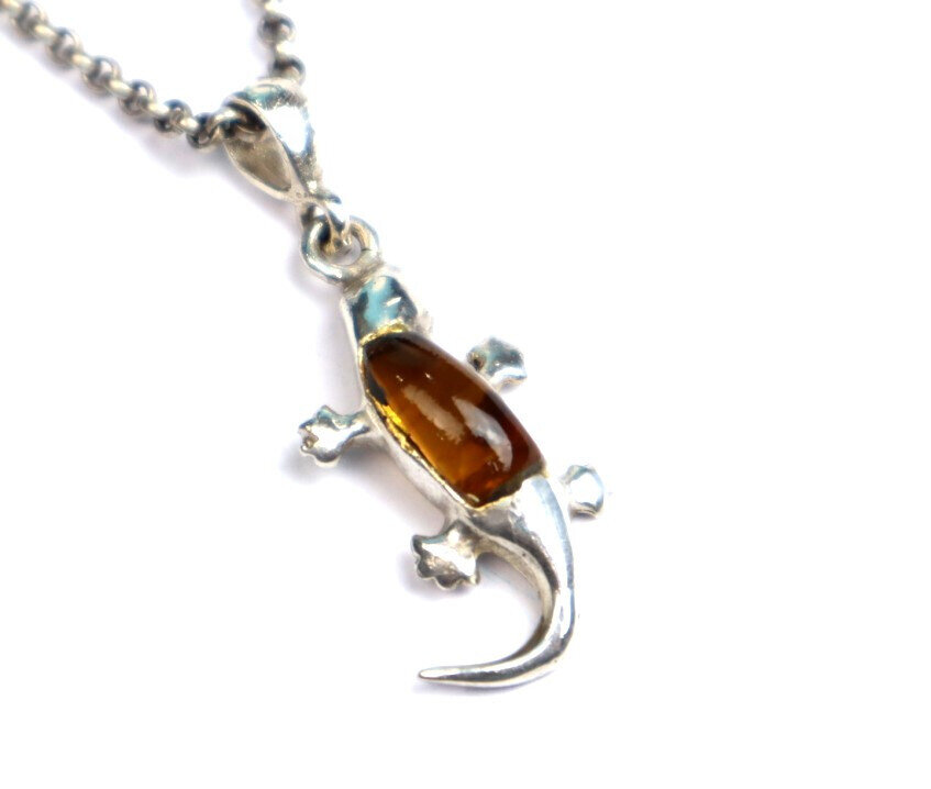 Natural Orange Red Amber .925 Sterling Silver Gecko Leguan Pendant 41mm – photo 8