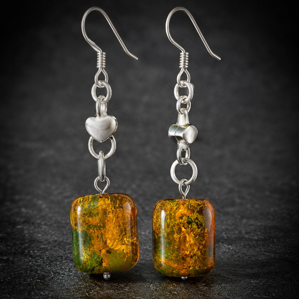 Impressive 2.5inch Natural Green Orange Amber .925 Sterling Silver Earrings