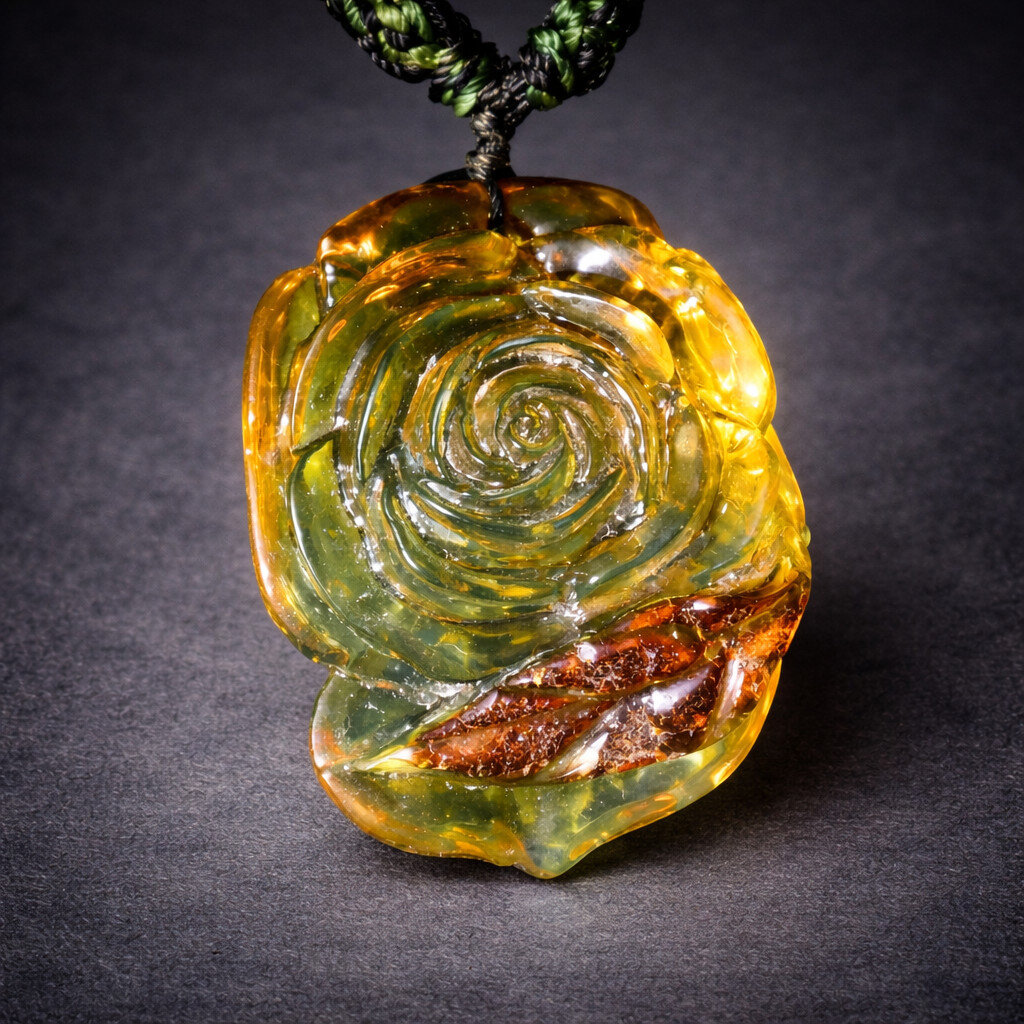 Hand-Carved Dominican Green Amber Pendant – Floral Design