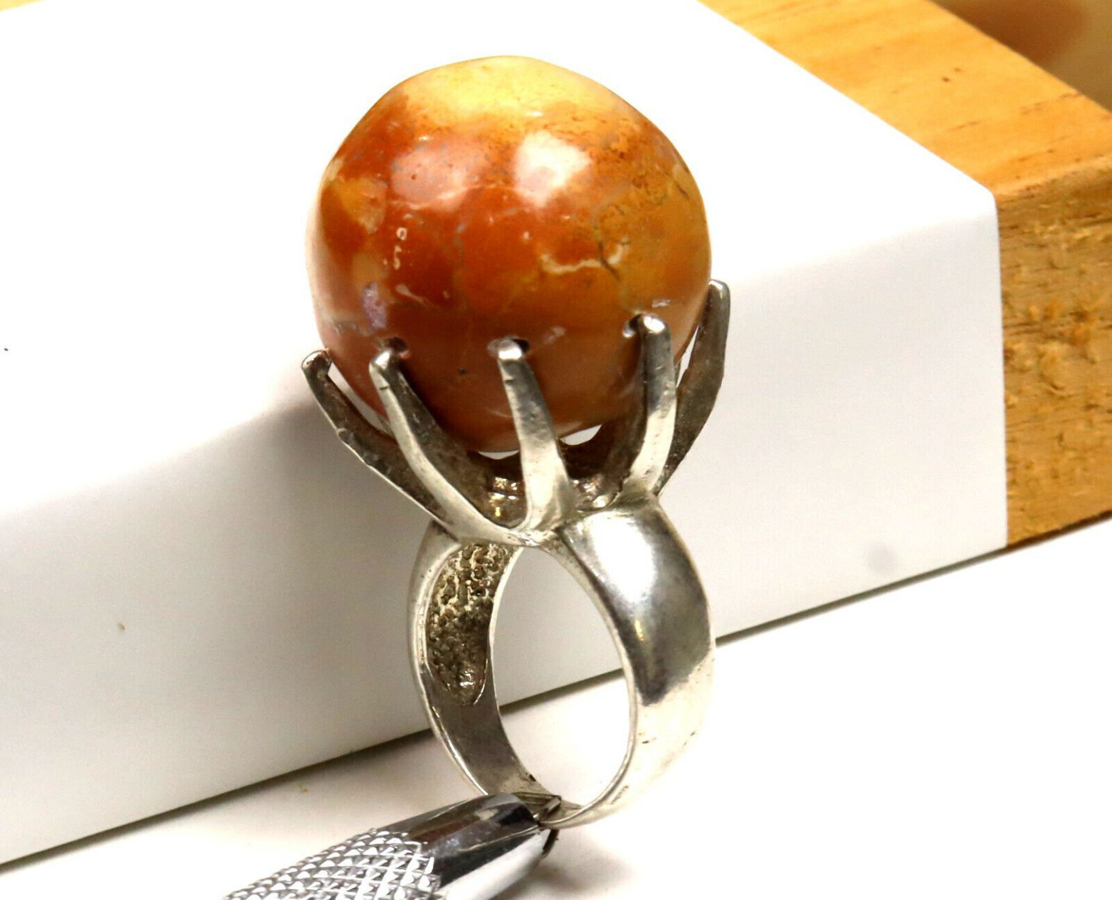 Natural Red Jasper Sphere Ball .925 Sterling Silver Ring #6.5 free Resizing