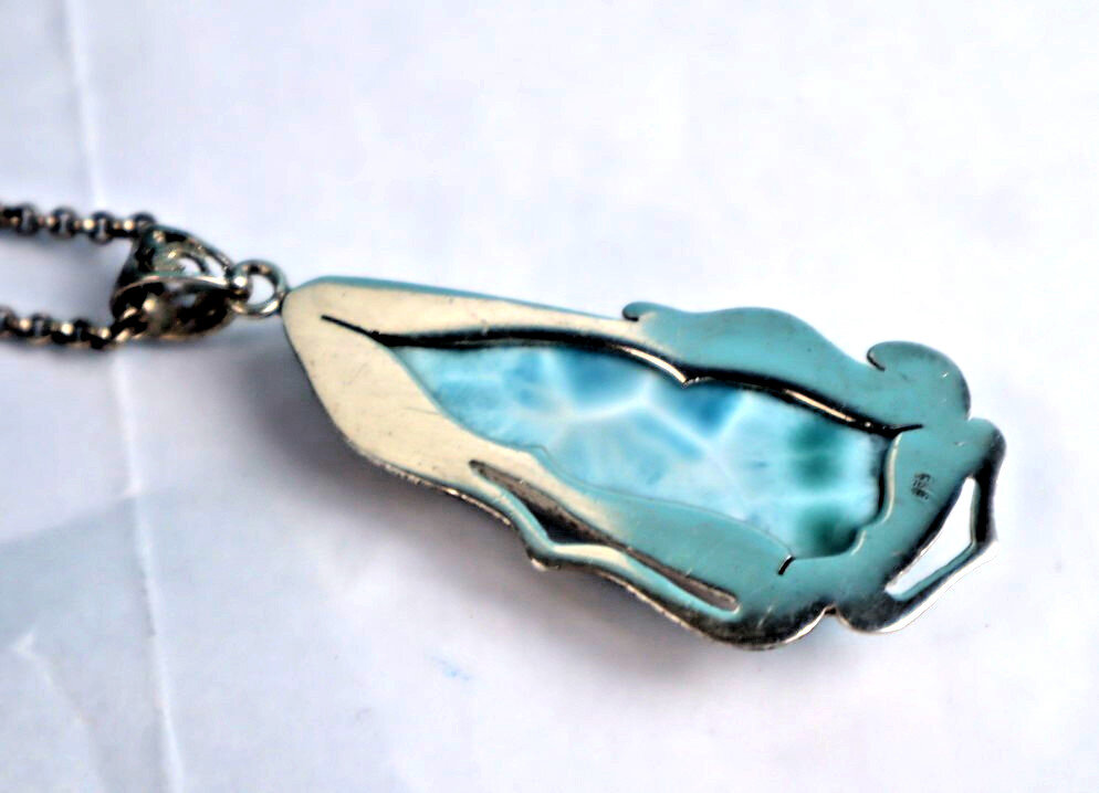 Impressive Natural Light Blue Real Larimar .925 Sterling Silver Pendant 65mm – photo 7