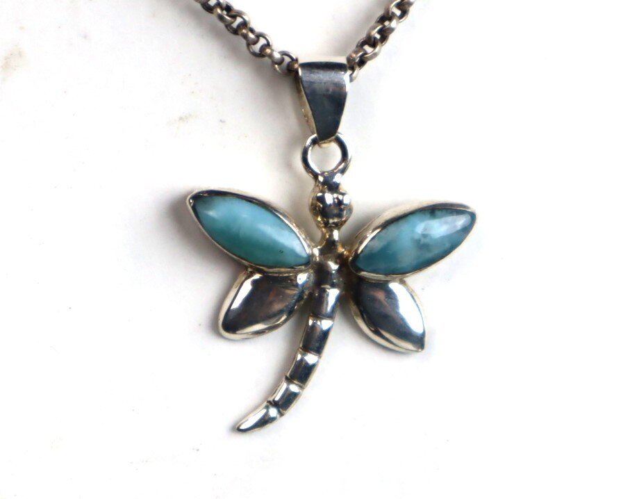 Natural Light Blue Larimar .925 Sterling Silver Dragonfly Pendant 37mm – photo 3